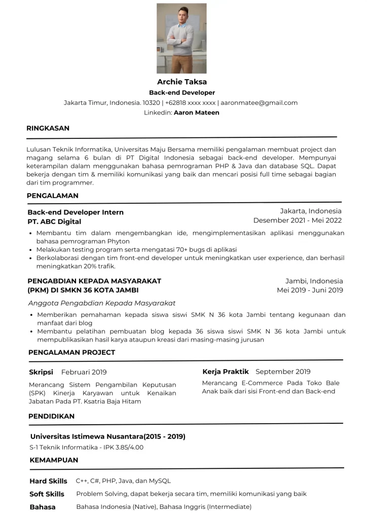 Contoh CV Fresh Graduate Bahasa Indonedia