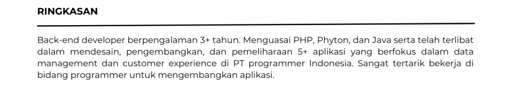 Ringkasan atau Summary CV untuk Profesional