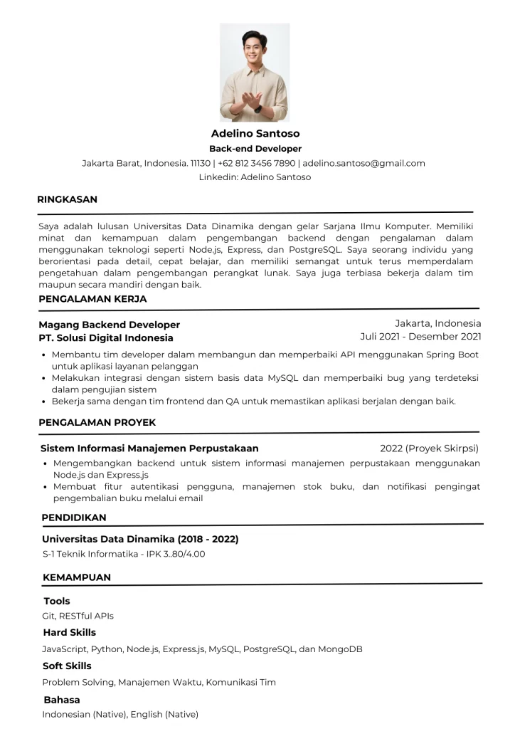 Contoh CV Backend Developer Fresh Graduate